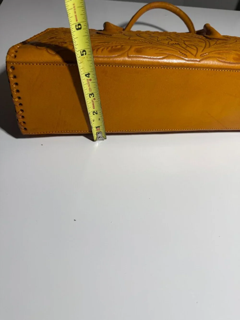 Alexis David Yellow Tooled Embossed Leather Handbag Purse Large Whipstitch NEW
